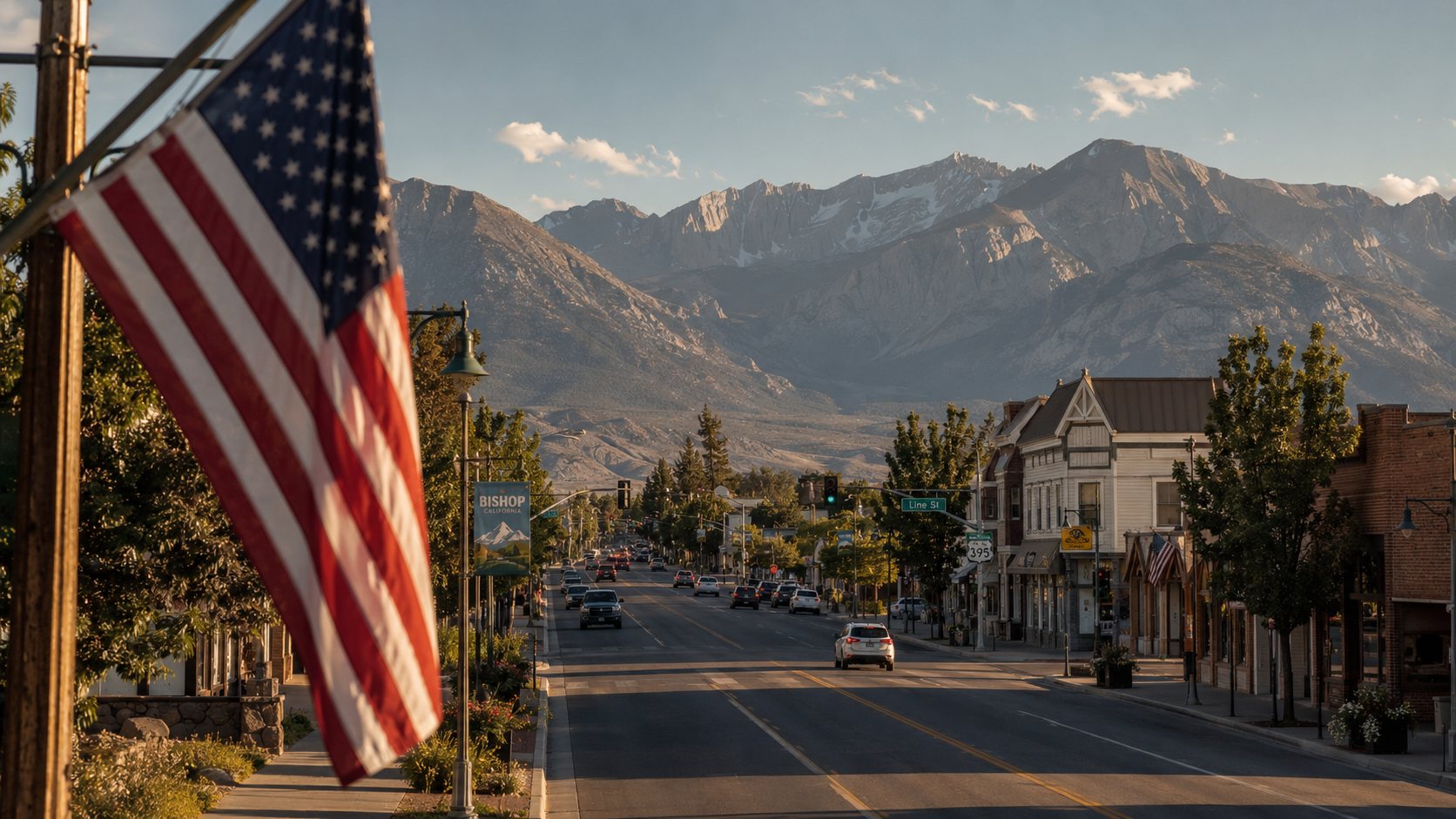 Main Street in Bishop, California at sunrise with an American flag and the Sierra Nevada behind